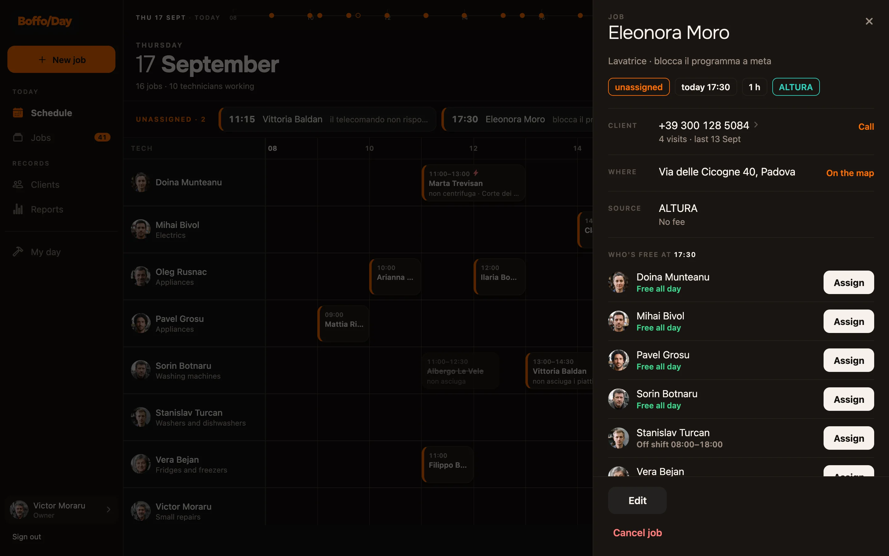 A job opened on the board: the side panel shows the client, the address, the partner firm and which technicians are free at that hour, each with an Assign button